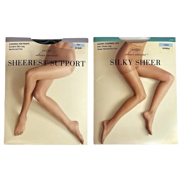 2 Pair JCPenney Sheer Caress Control Top Pantyhose Long East 5th Oatmeal Black - Picture 1 of 6